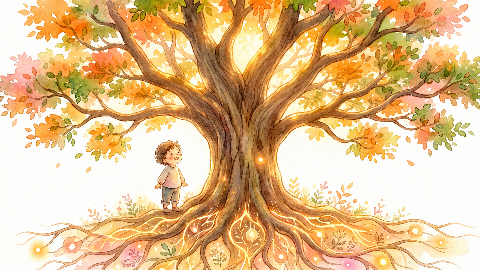 大きな木と根のそばに立つ子ども。心の根っこを表す水彩イラスト